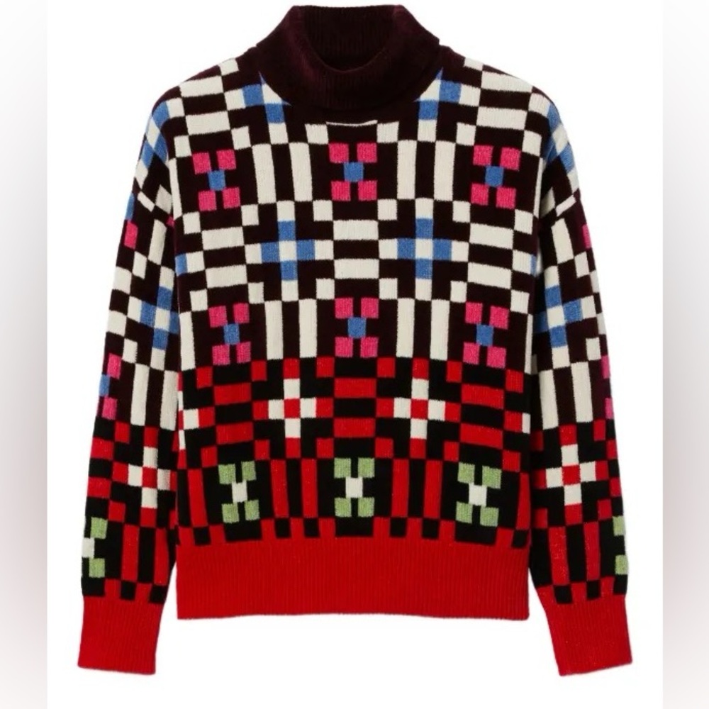LA DoubleJ Multicolor Geometric Turtleneck Sweater